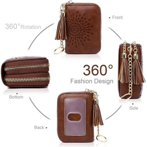 RFID Leather Card Holder Wallet for Women Small Zipper Coin Purse Keychain - Picture 3 of 6